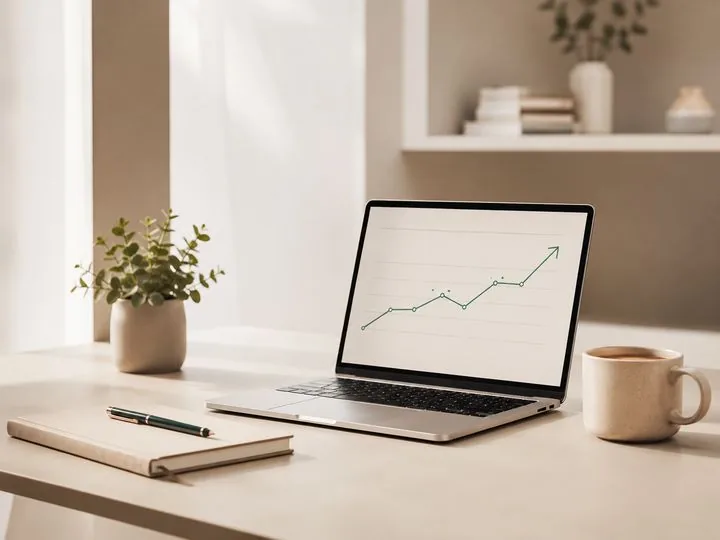 Laptop showing a growth chart on a calm desk